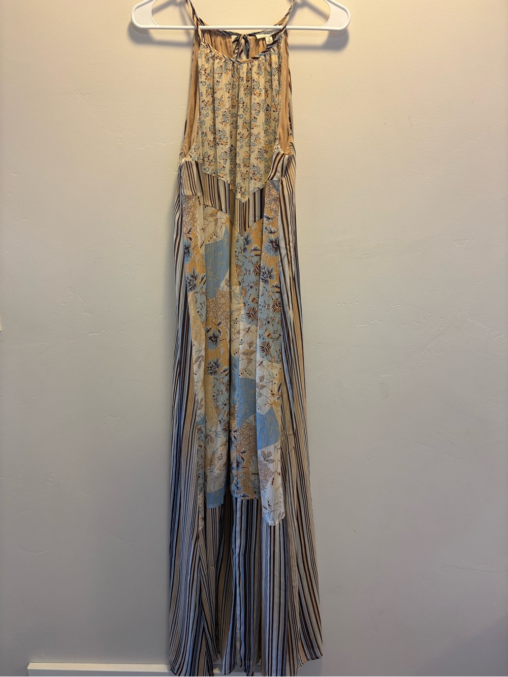 Boho Floral & Stripe Maxi Dress in Beige and Light Blue Size Large Lined - Picture 7 of 10